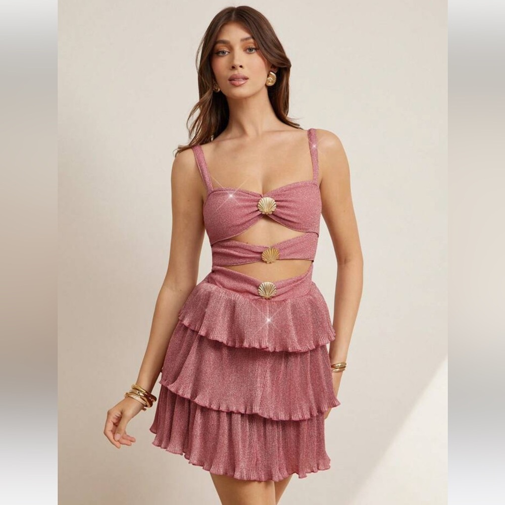 SHEIN Pink Tiered Sparkly Seashell Mini Dress